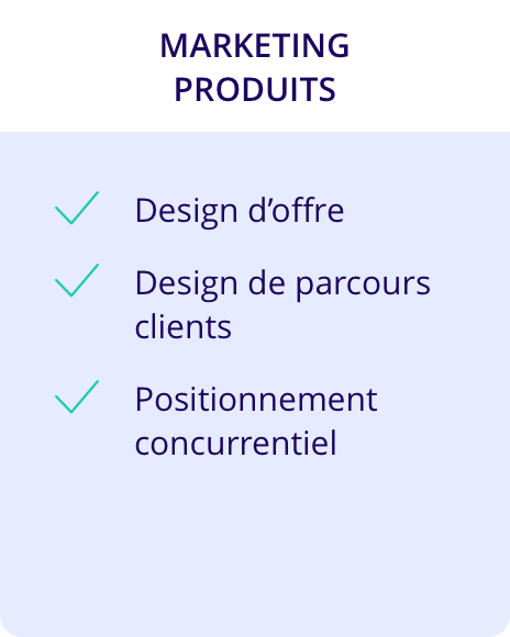 Marketing produits :<br />
- Design d’offre ;<br />
- Design de parcours clients ;<br />
- Positionnement concurrentiel.